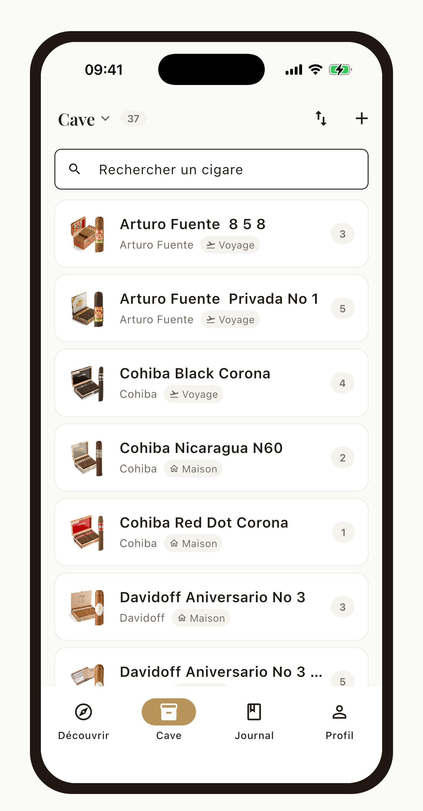 Écran Cave de l’application Cigarino, avec la liste des cigares, leur emplacement et les quantités.