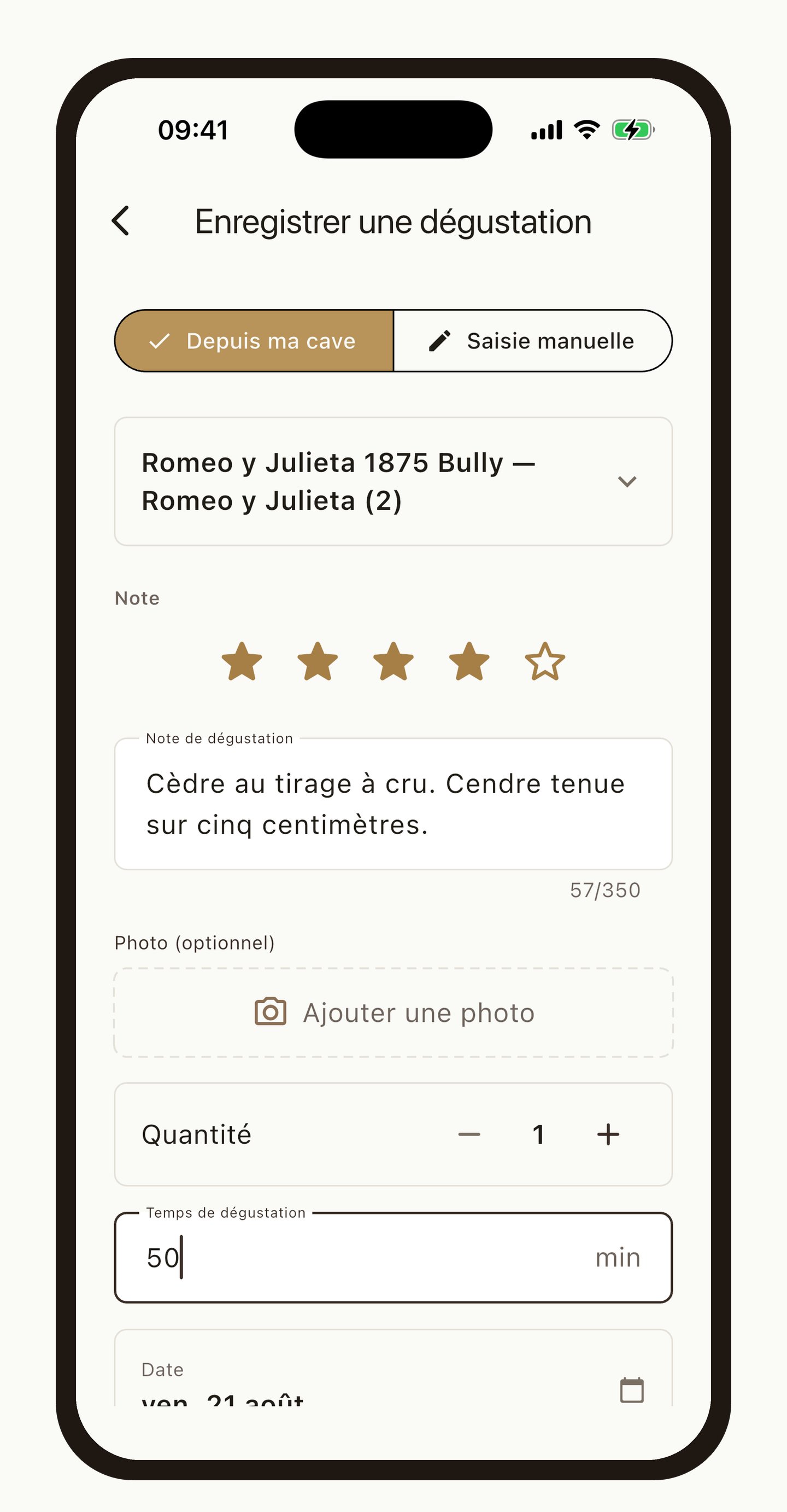Journal de dégustation de l’application Cigarino, avec note, commentaire et durée.