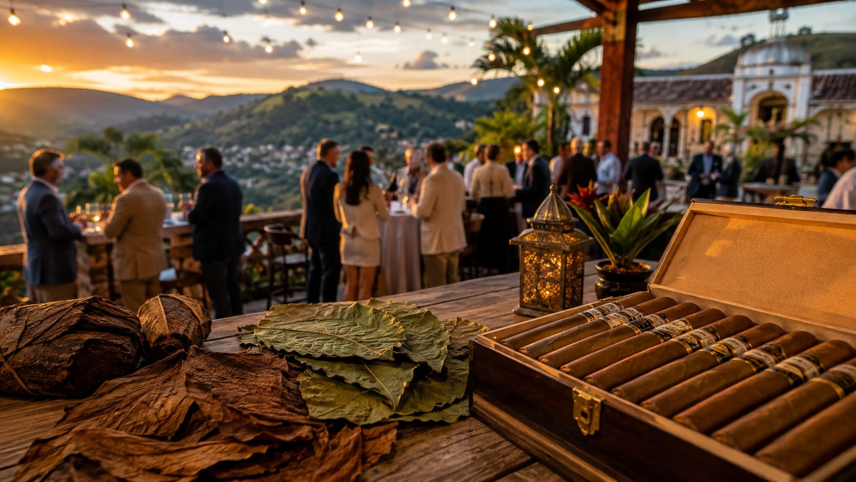 Coffret de cigares ouvert et feuilles de tabac sur une table, avec une terrasse et des collines en arrière-plan.