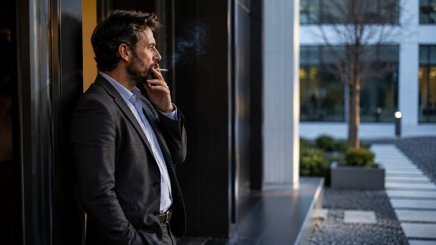 Salarié en costume, de profil, cigarette à la main, dans une cour d’immeuble de bureaux.
