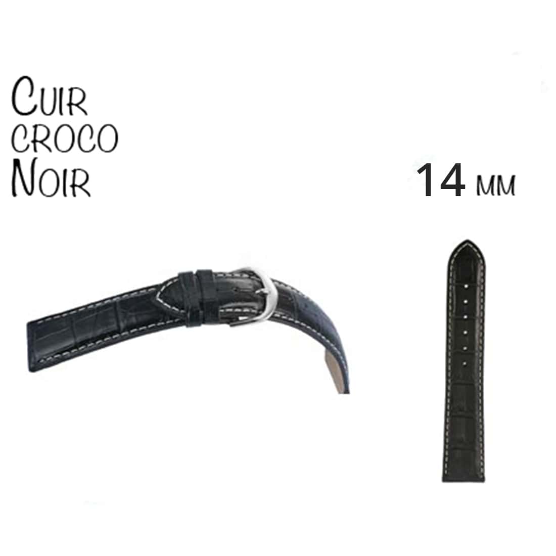 Photo de Bracelet Montre Cuir Noir Croco Argent 14mm