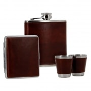 Coffret Flasque Alcool Etui Cigarette Simili Cuir Marron