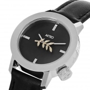 Montre Akteo Saxophone Jazz - Boîtier Chromé Acier, Cadran Argenté, Bracelet Cuir Noir - Quartz, Neuf Sans étiquette